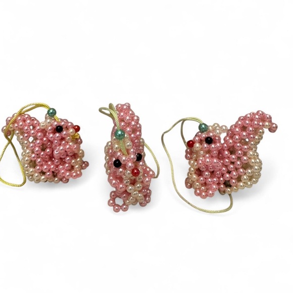Handmade 3D Pink Beaded Squirrel Ornaments – Set of 3 - Picture 2 of 3